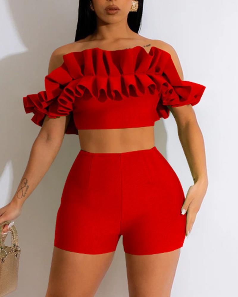 

Ruffle Hem Off Shoulder Crop Top & Shorts Set, Red