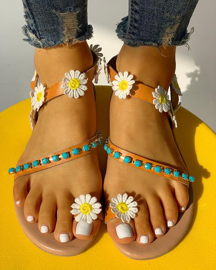 

Flower Embellished Stud Detail Flat Sandals, Brown