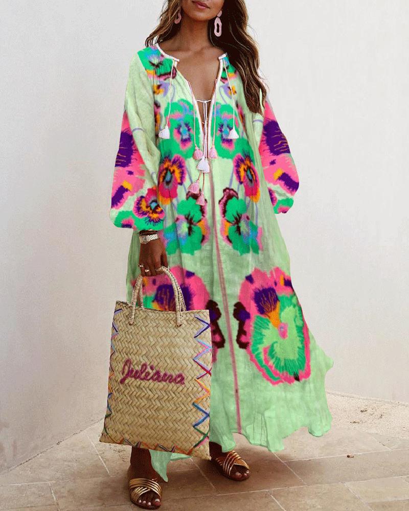 

Floral Print Lantern Sleeve Maxi Dress, Green