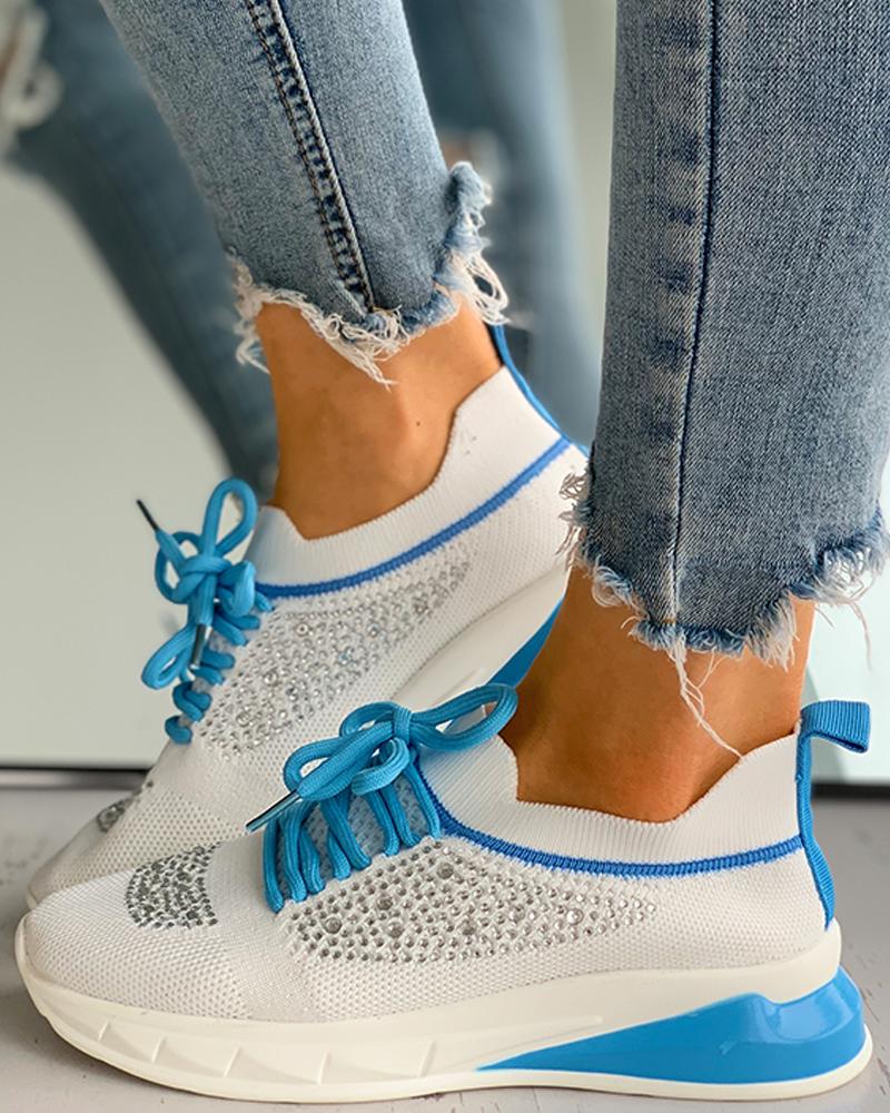 

Knit Studded Lace-up Colorblock Sneakers, Blue
