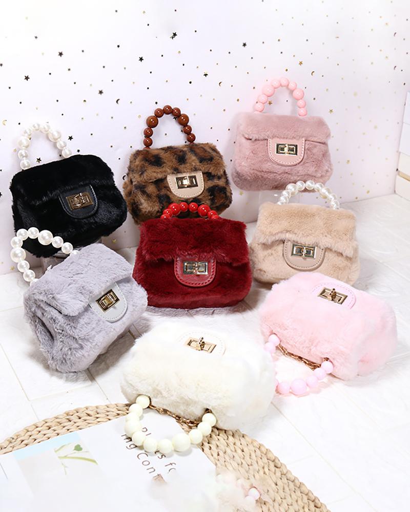 

Fuzzy Twisted Lock Beaded Strap Mini Satchel Bag, Wine red