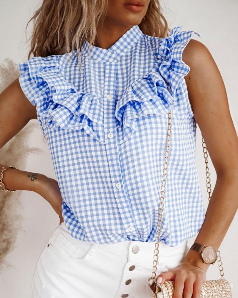 

Plaid Print Ruffles Buttoned Sleeveless Top, Blue