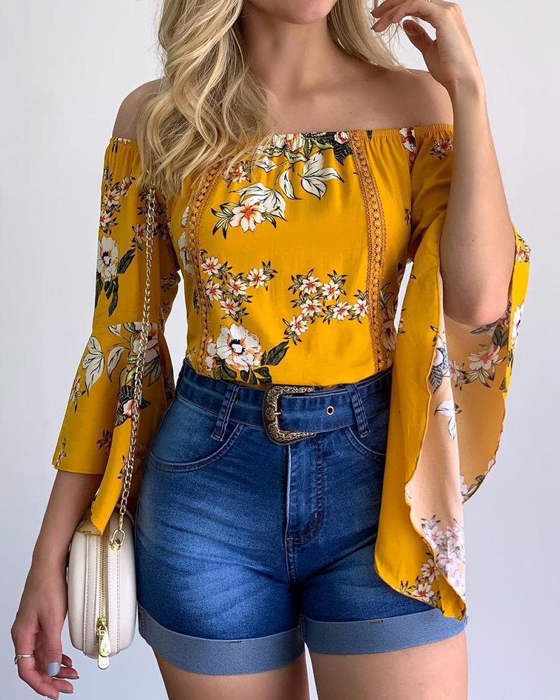 

Floral Print Bell Sleeve Off Shoulder Top, Yellow