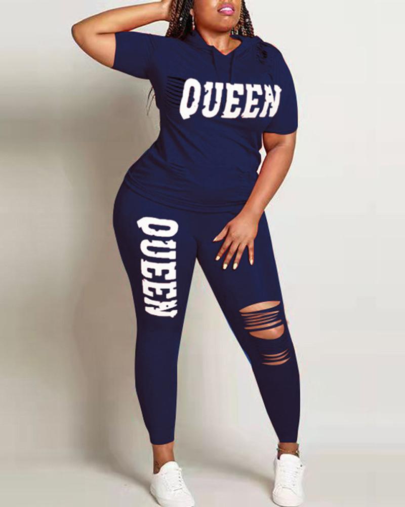 

Letter Print Cutout Hooded Top & Pants Set, Blue