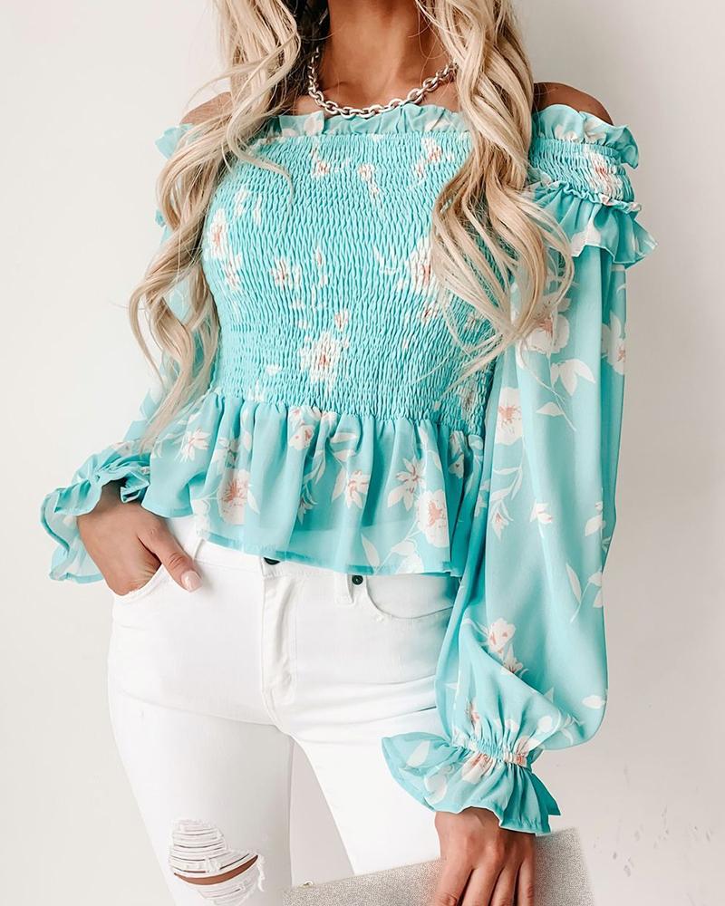 

Off Shoulder Floral Print Shirring Detail Ruffles Top, Blue