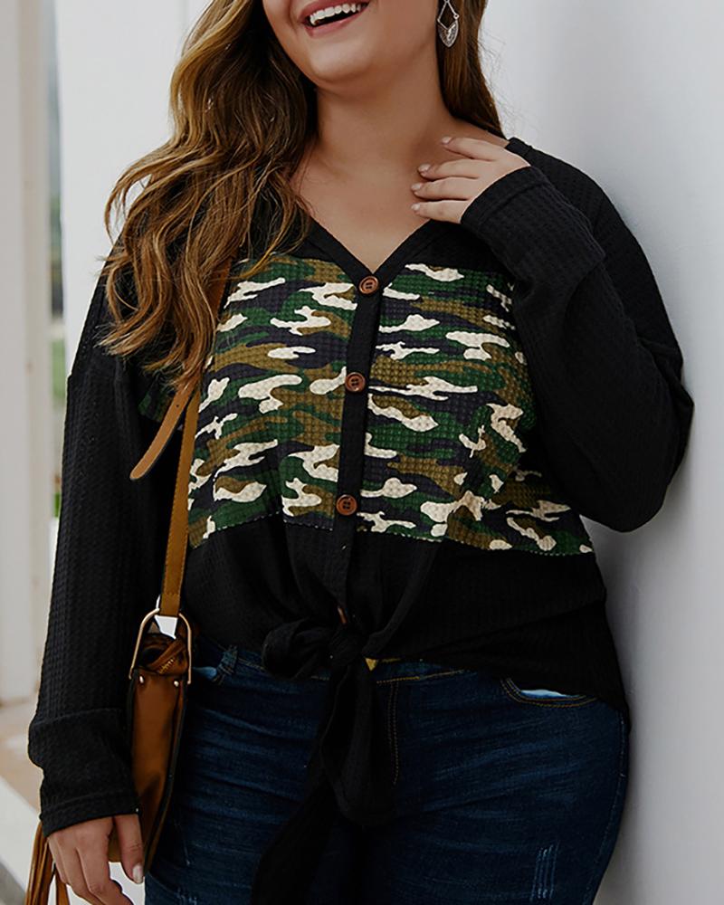 

Plus Size Camouflage Tie Detail Button Front Knit Cardigan, Black