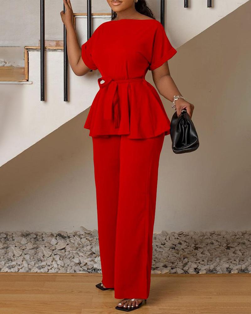 

Boat Neck Tied Detail Top & Wide Leg Pants Set, Red