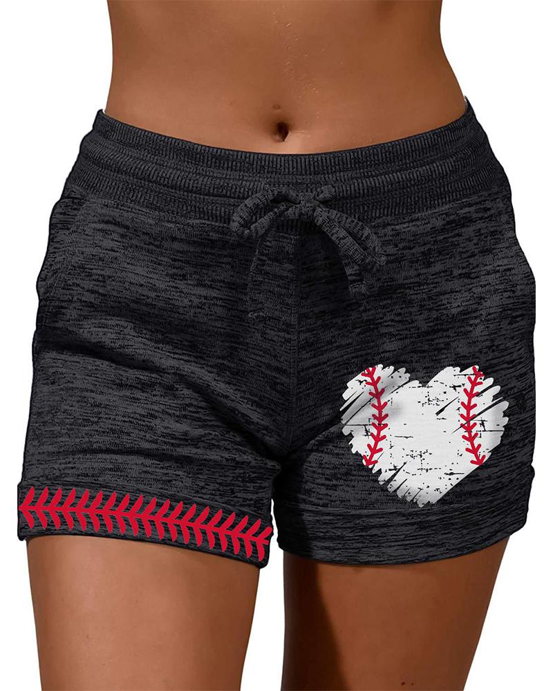

Solid Color Splicing Heart Print Drawstring Short Pants, Black