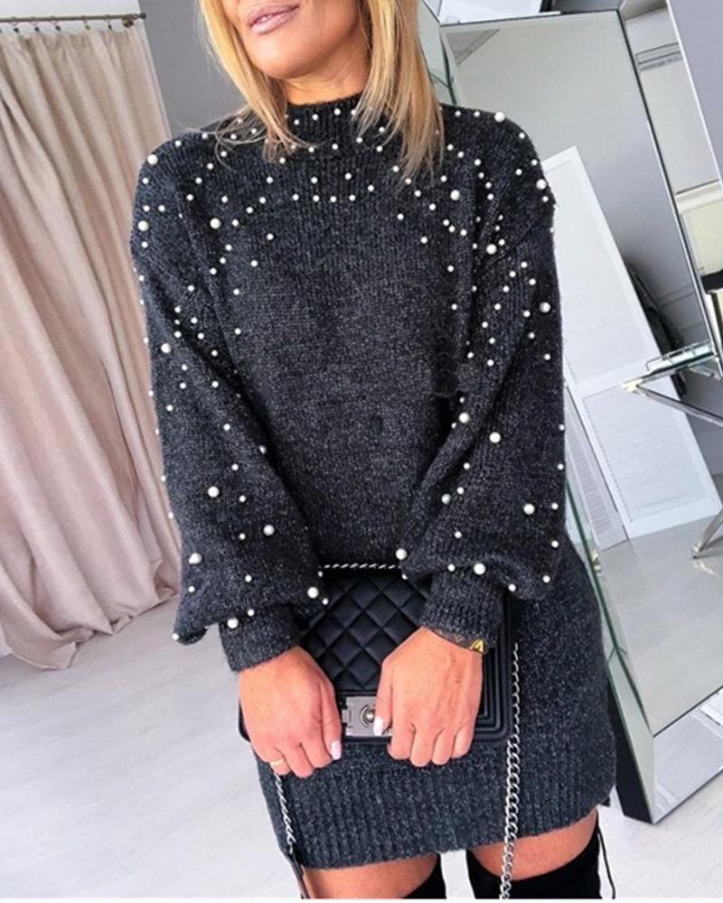 

Beaded Decor Lantern Sleeve Sweater, Dark grey