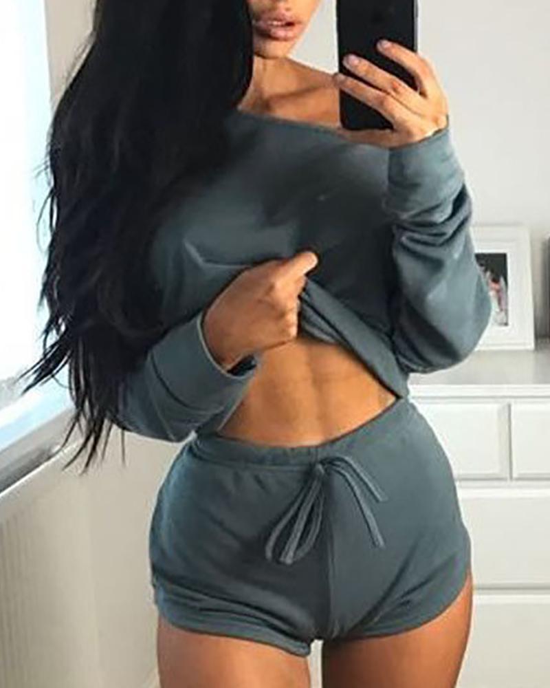 

Solid Off Shoulder Long Sleeve Top & Short Set, Dark grey