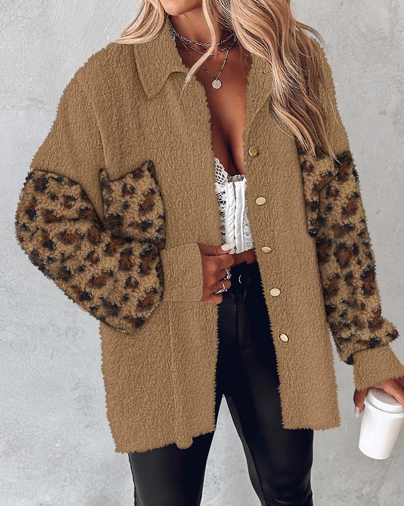 

Leopard Pattern Pocket Design Fleece Thermal Shacket, Brown