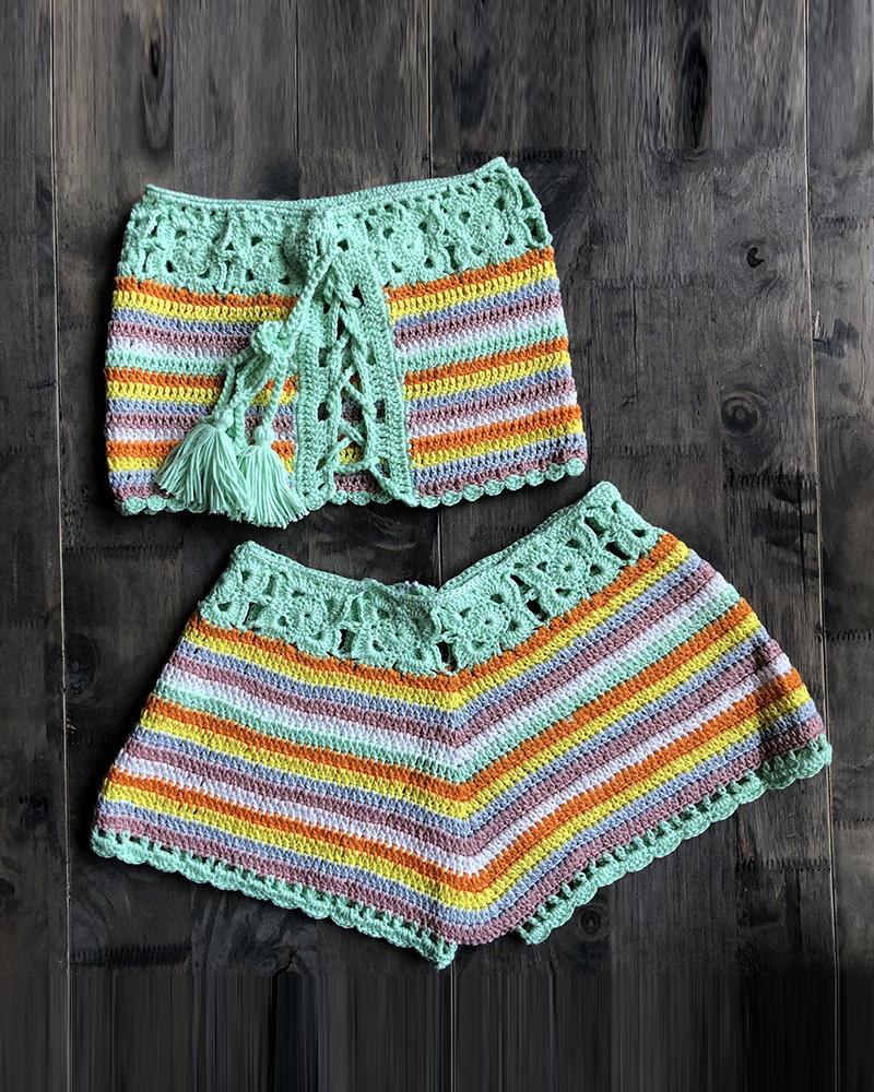 

Multicolor Striped Hollow-out Weave Off Shoulder Sleeveless 2-Piece Bikini Sets, Green