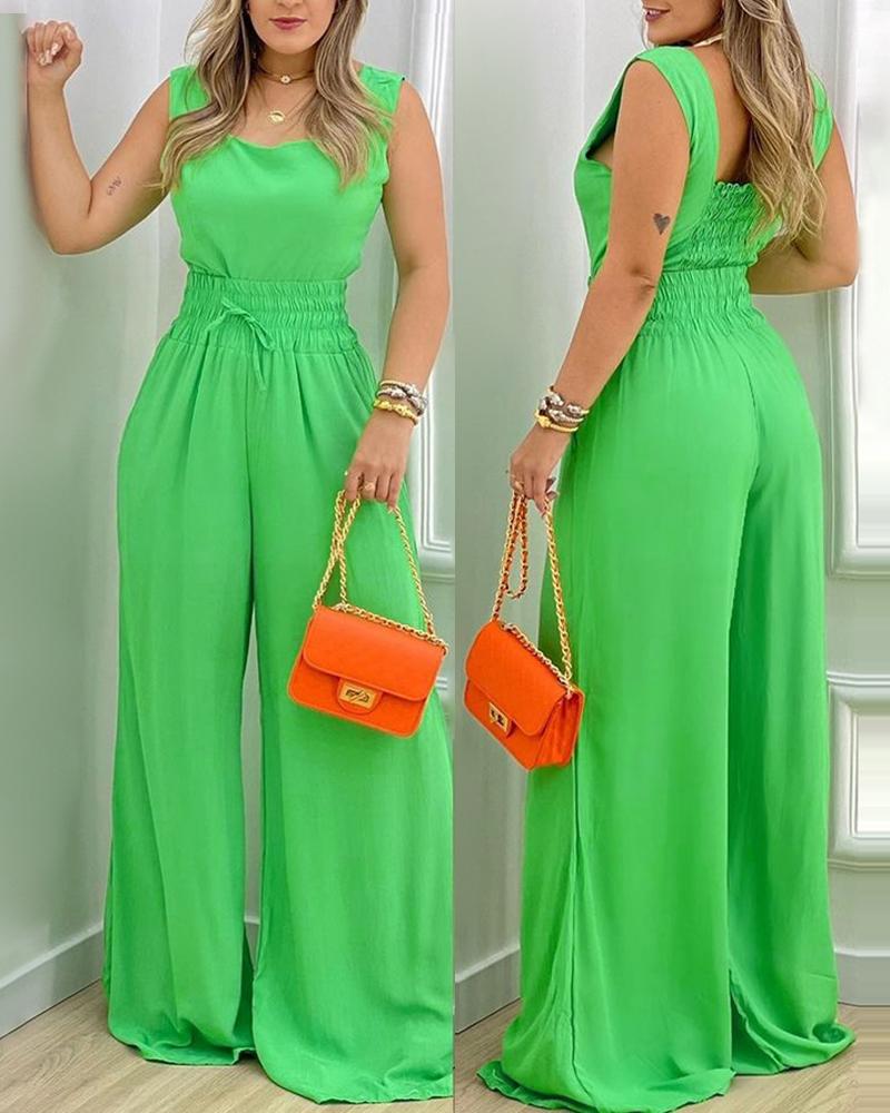 

Square Neck Shirred Top & Wide Leg Pants Set, Green
