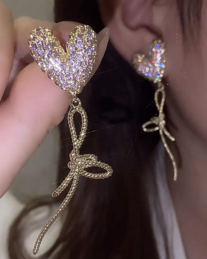 

Heart Shaped Rhinestone Bowknot Decor Earrings, Gold