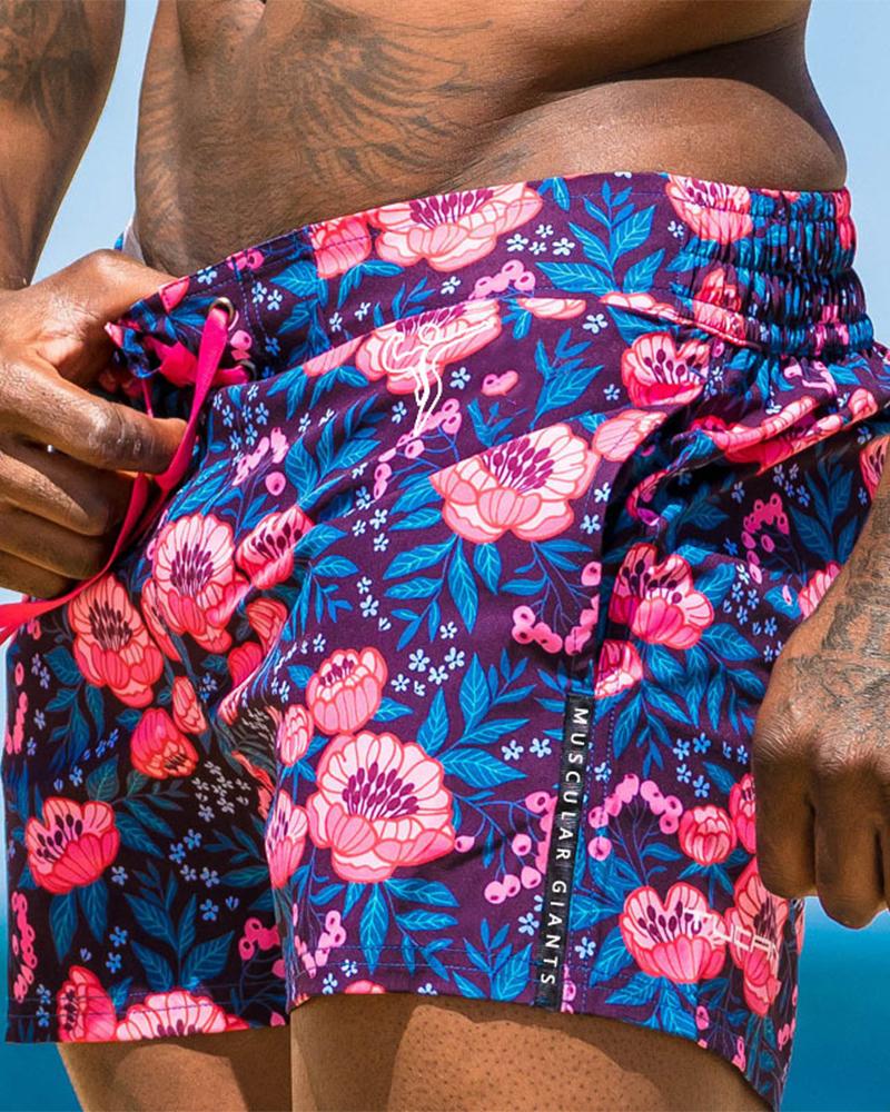 

Floral Print Loose Drawstring Speed Dry Beach Shorts, Pink