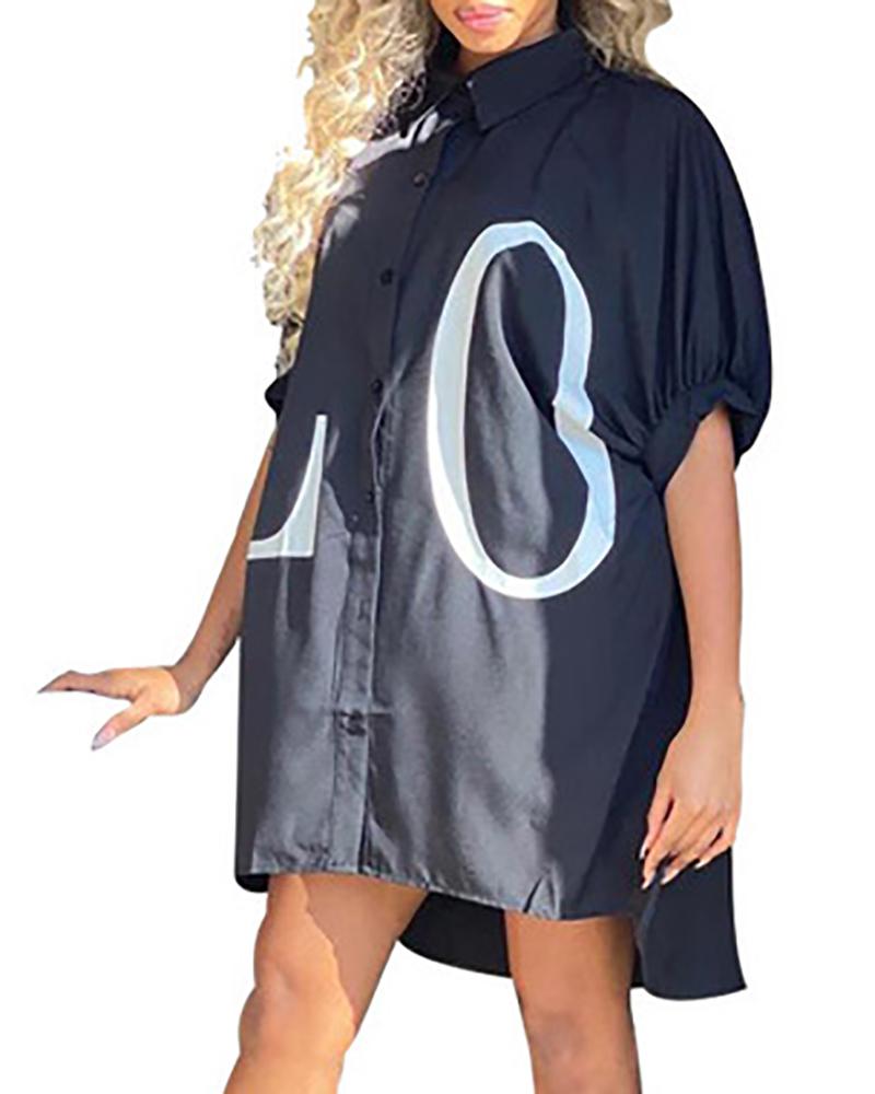 

Letter Print Puff Sleeve Buttoned Casual Dress, Black