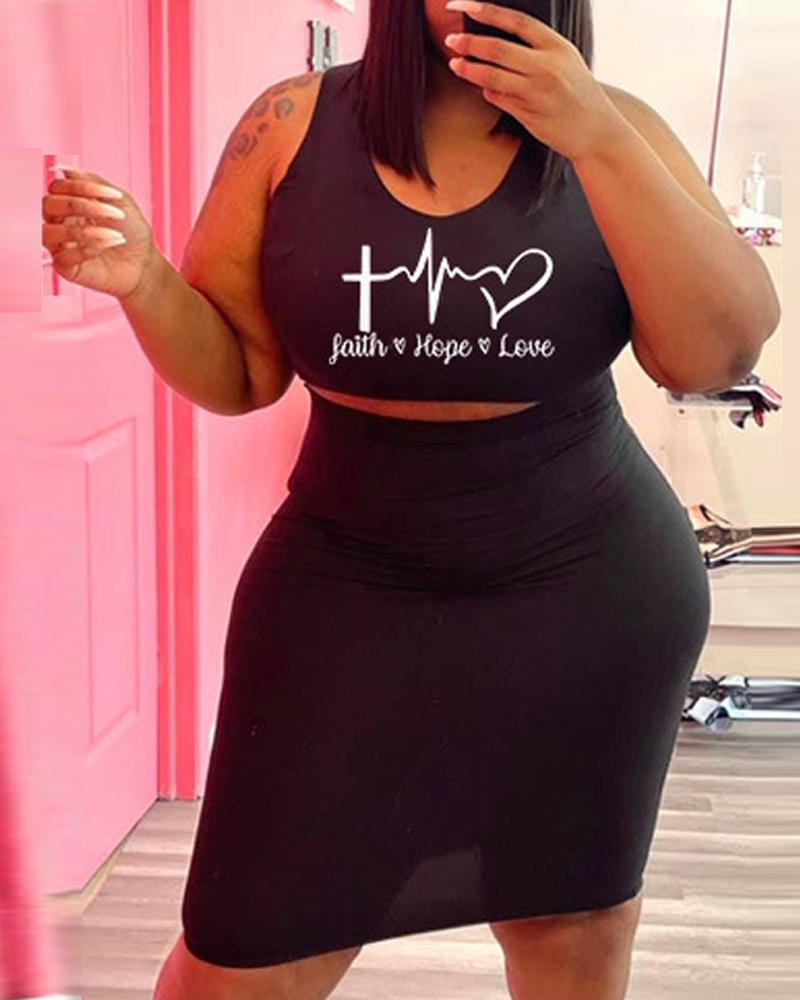 

Plus Size Letter Heart Print Crop Tank Top & Skirt Set, Black