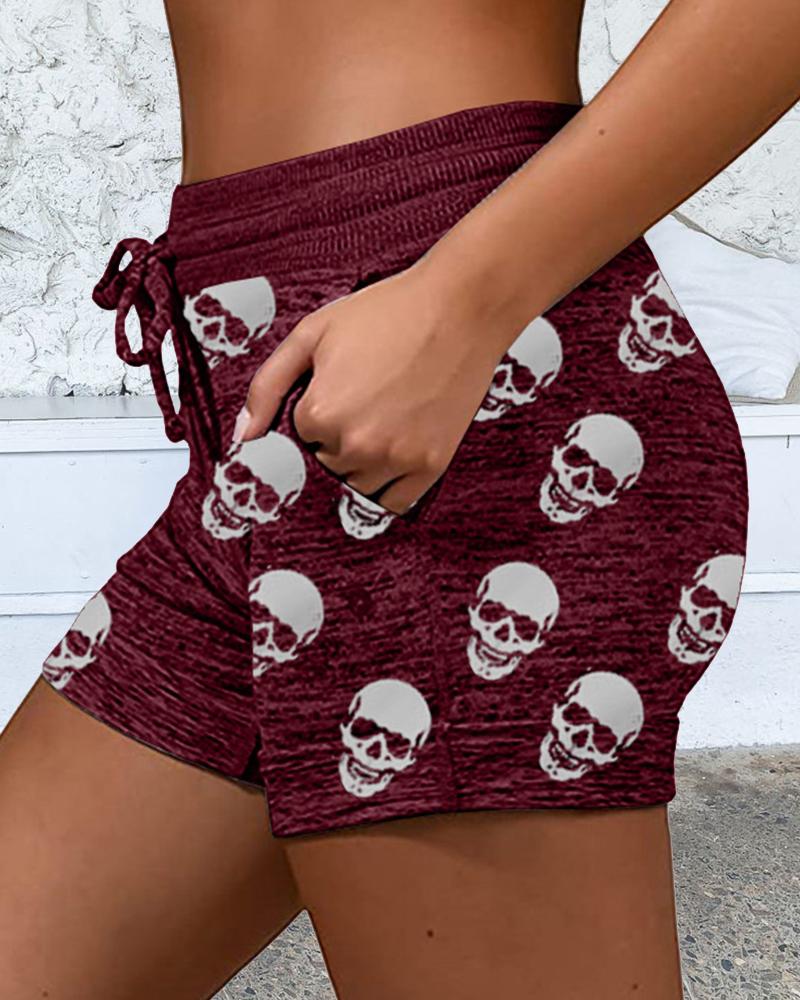 

Skeleton Print Skinny Drawstring Shorts, Wine red