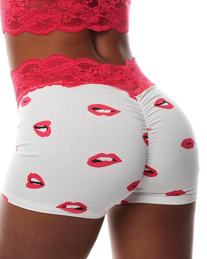 

Lip Print Lace Trim High Waist Panty, White