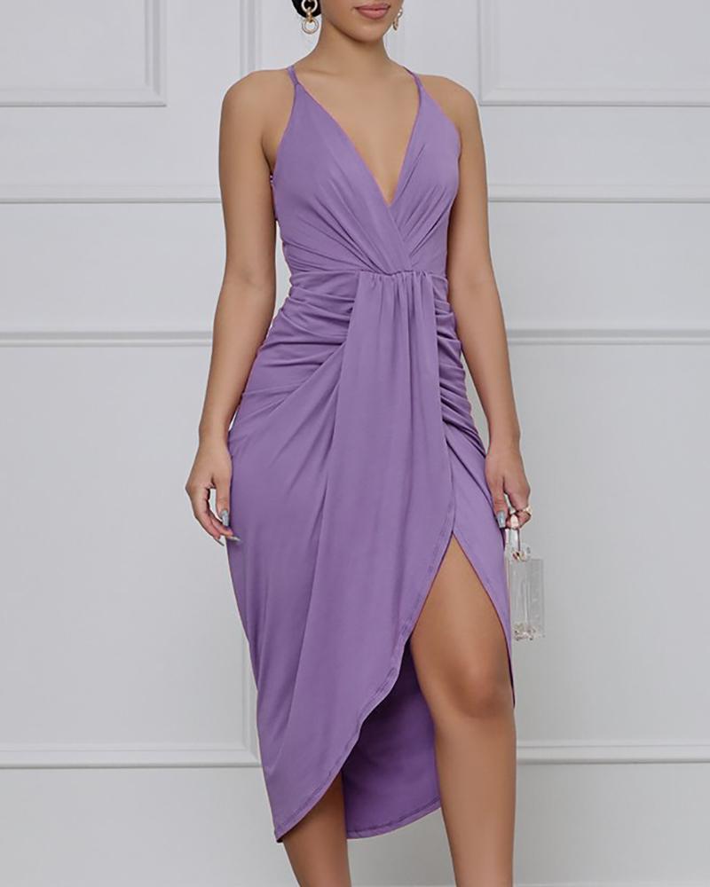 

Ruched V-Neck Crisscross Backless Midi Dress, Purple