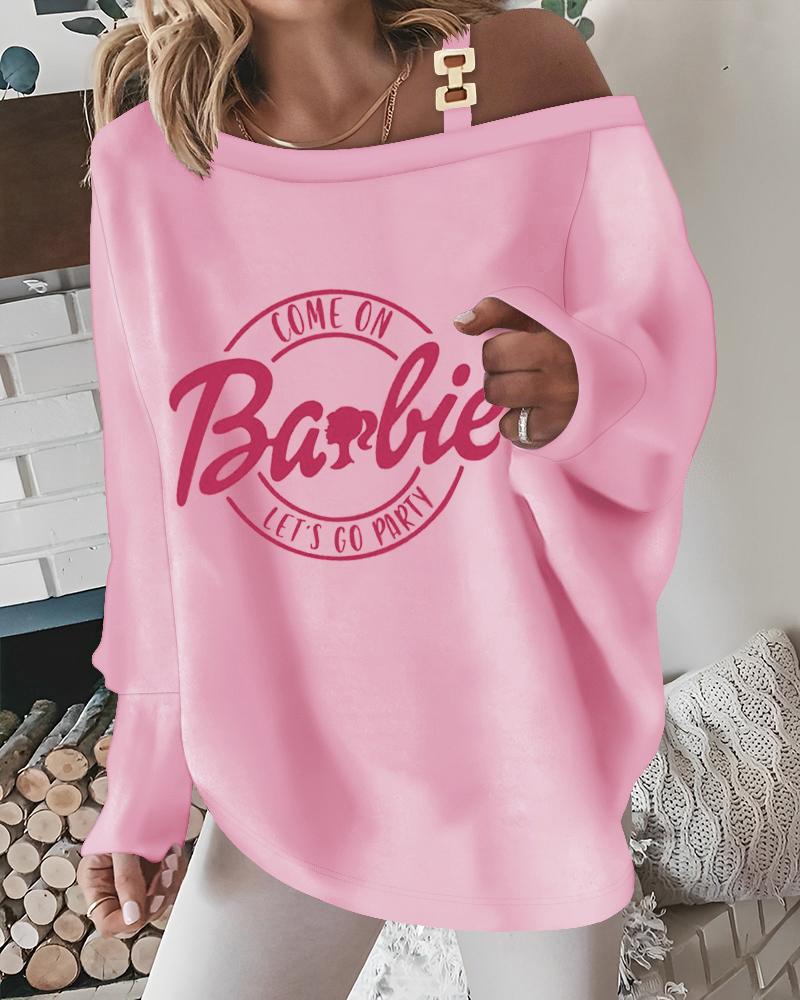 

Come On Barbie Let' Go Party Print Cold Shoulder Chain Decor Top, Pink