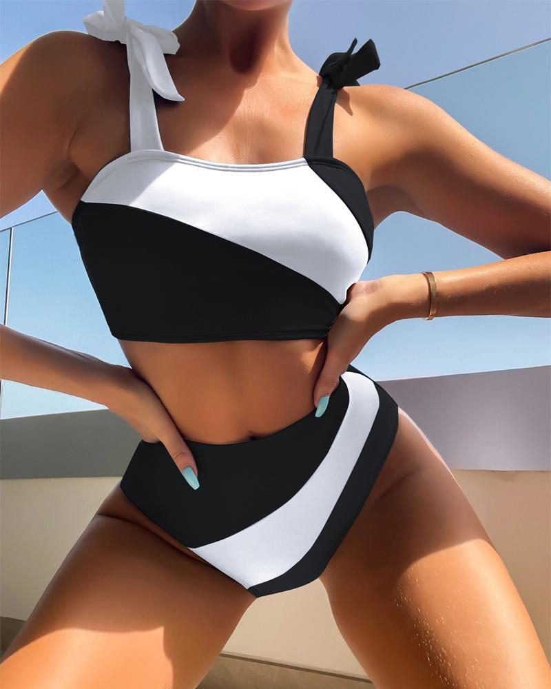 

Colorblock Tied Detail High Waist Bikini Set, Black