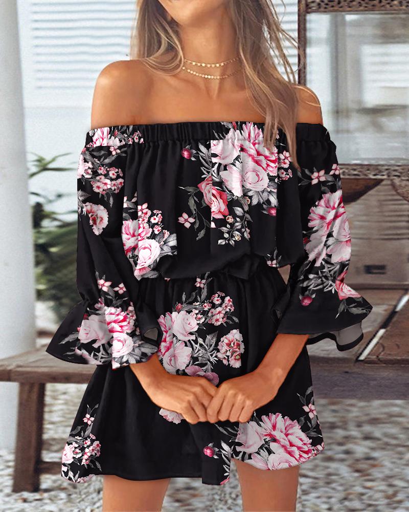 

Floral Print Off Shoulder Bell Sleeve Casual Dress, Black