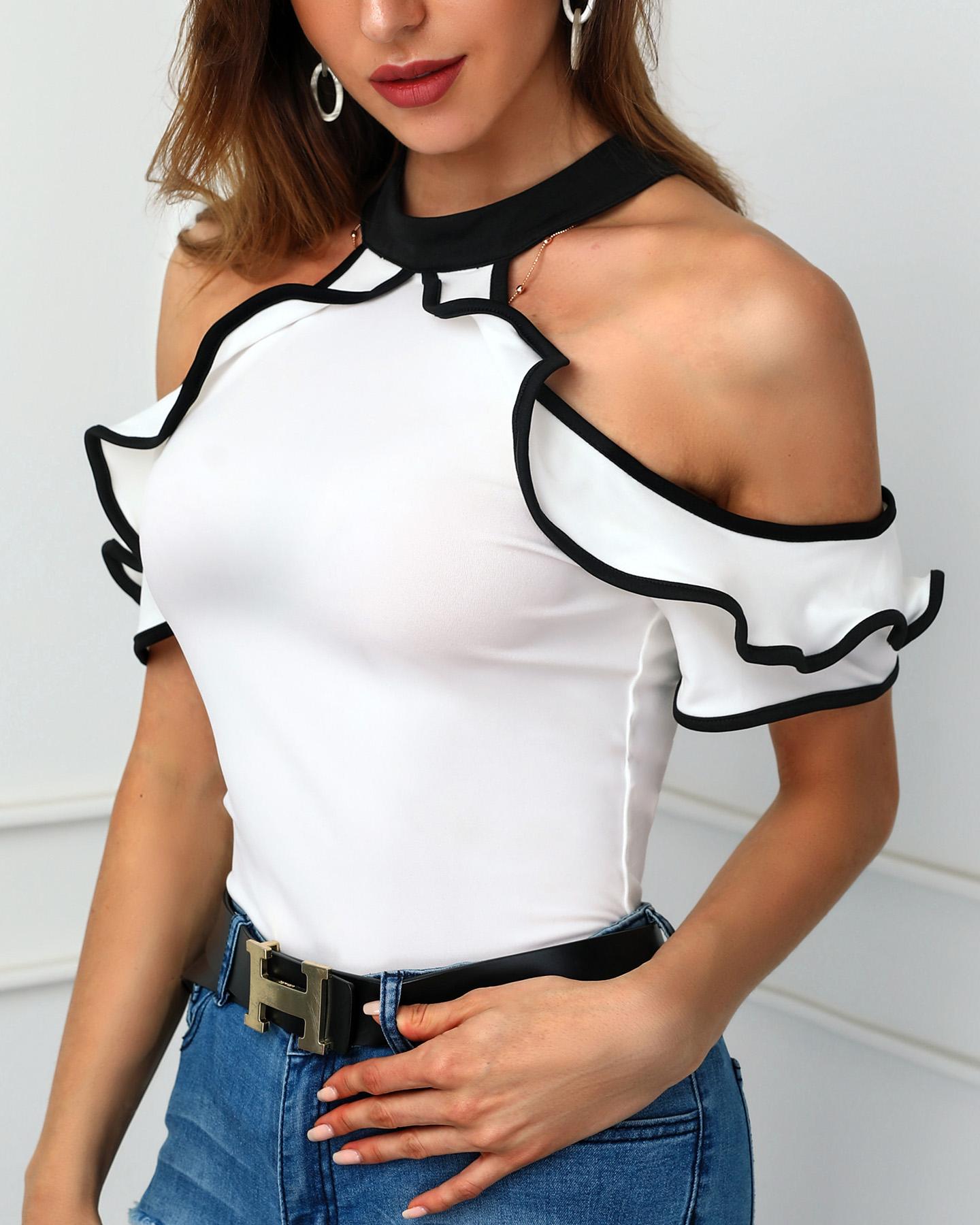 

Contrast Binding Ruffles Cold Shoulder Top, White