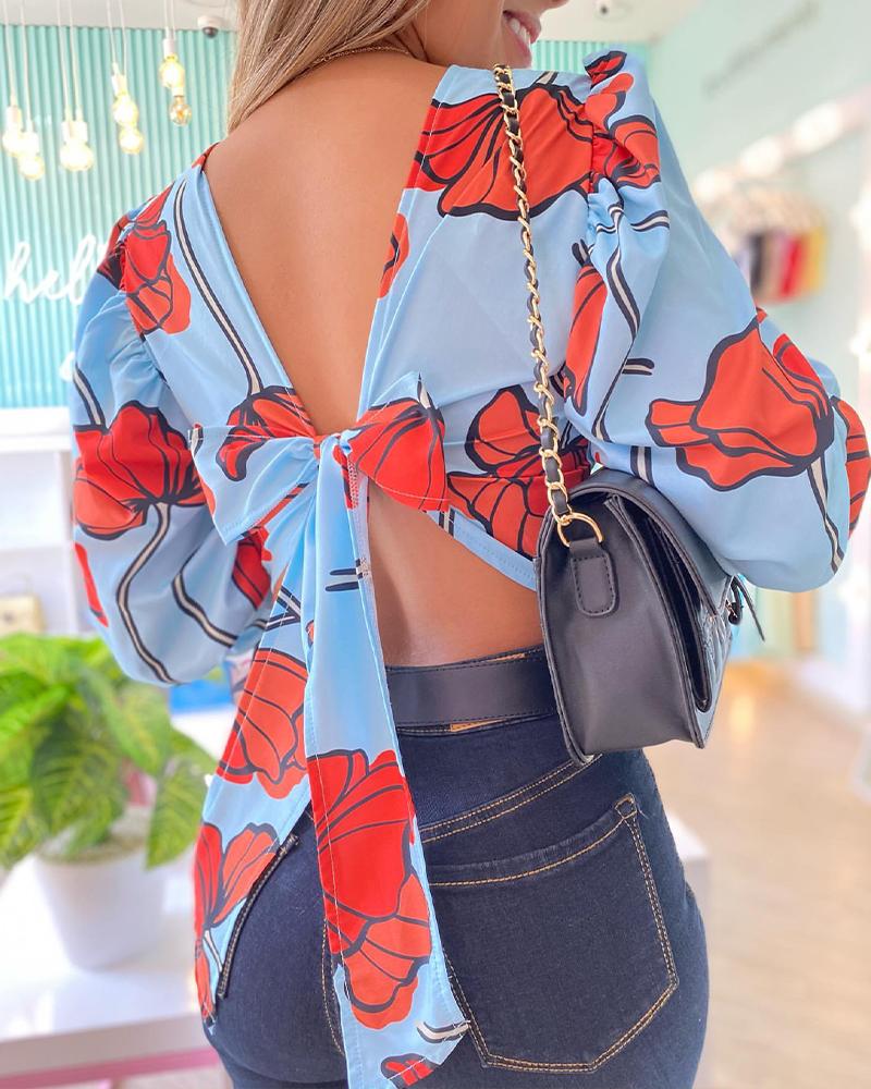

Floral Print Tied Detail Backless Puff Sleeve Top, Blue