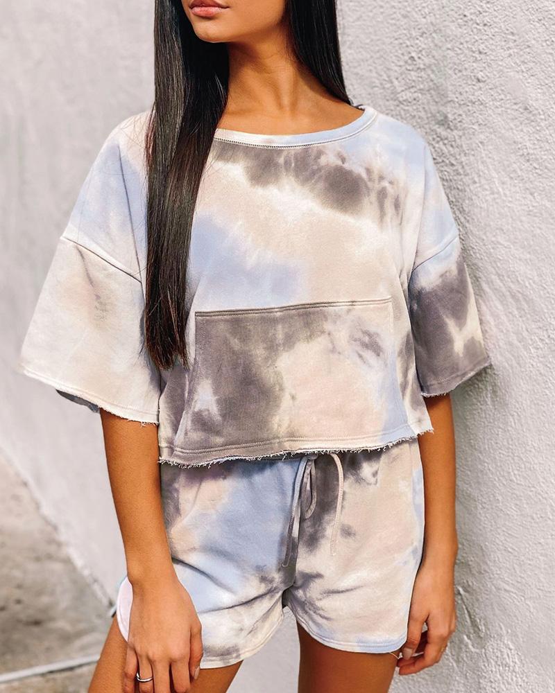 

Tie Dye Print Fringe Hem Drawstring Pajamas Set, Blue