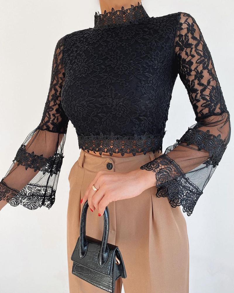 

Bell Sleeve Lace Sheer Mesh Top With Lining, Black