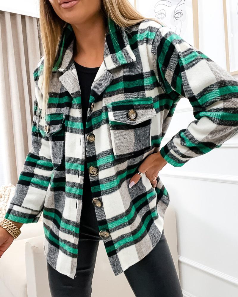 

Plaid Print Long Sleeve Button Down Shacket, Green