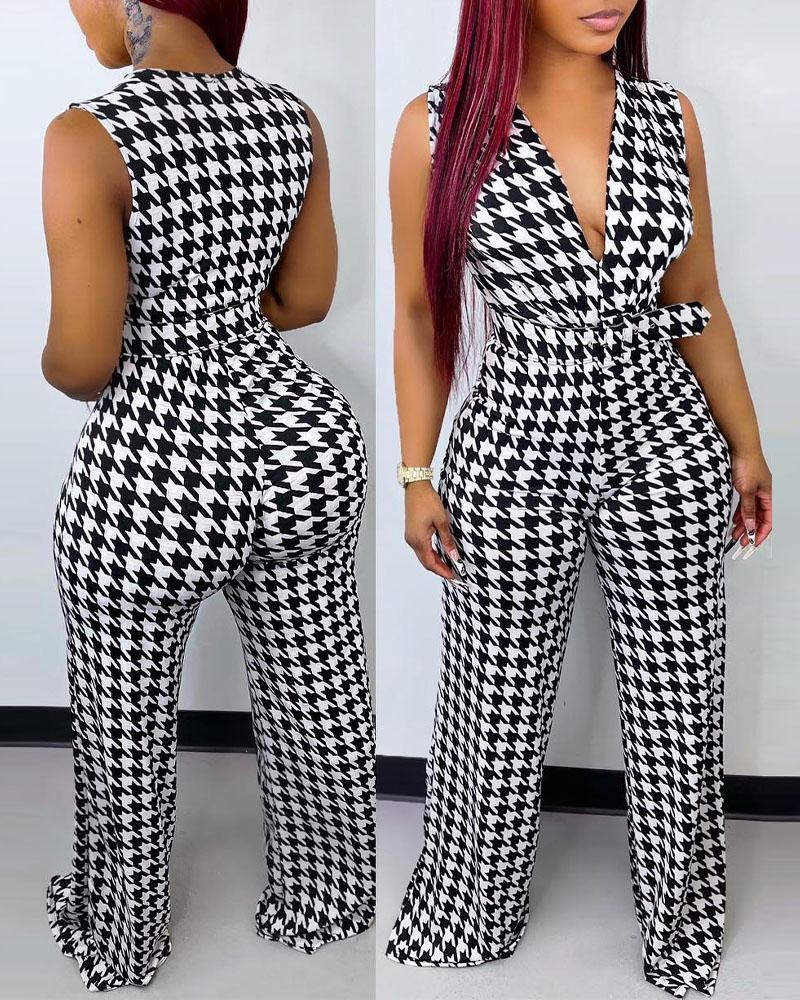 Houndstooth Print Plunging Neck Belted Jumpsuit