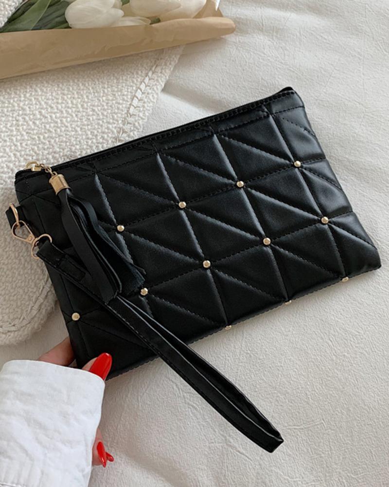 

Quilted Studded Zipper Summer Fashion Clutch, Black