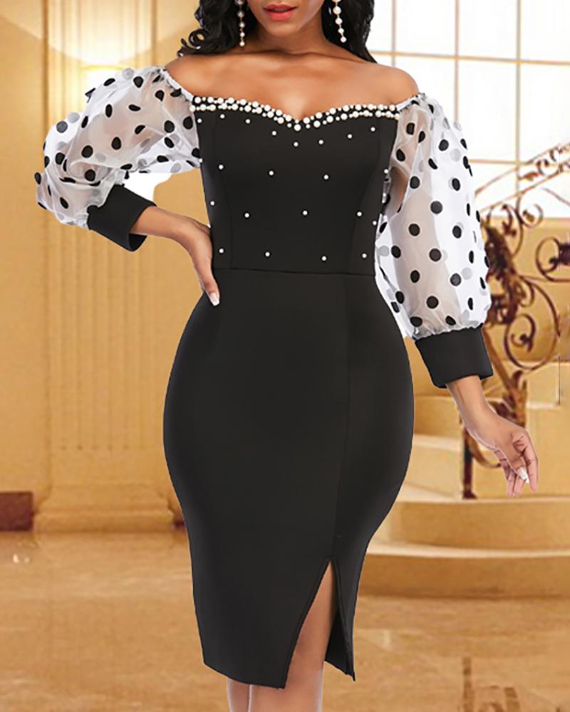 

Puff Lantern Sleeve Dot Mesh Beaded Decor Party Dress, Black
