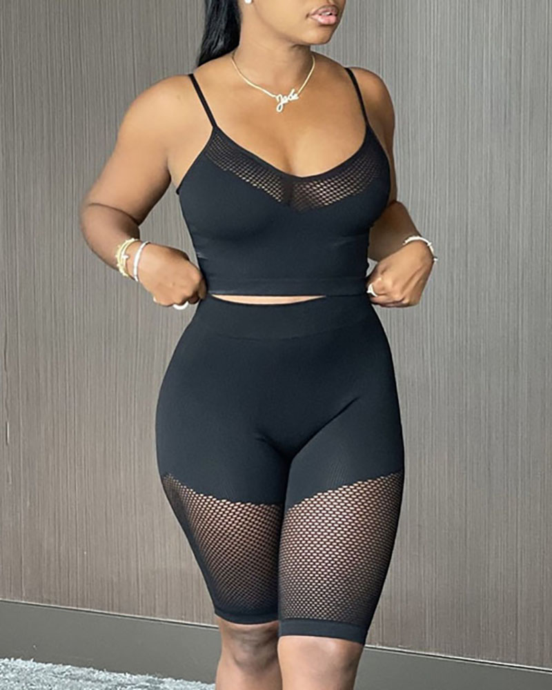 

Fishnet Patch Spaghetti Strap High Waist Active Sets, Black