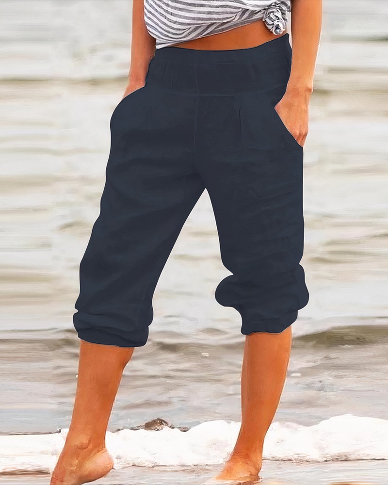 

Plain High Waist Capris Pants, Blue