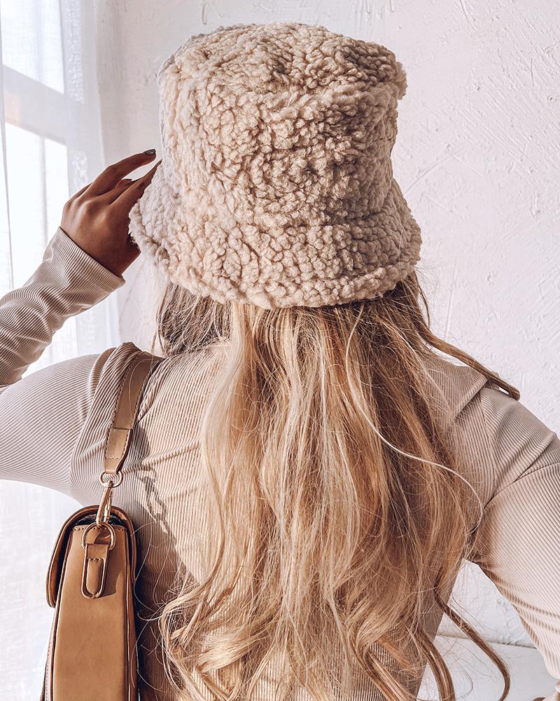 

Plain Casual Fluffy Bucket Hat, Beige