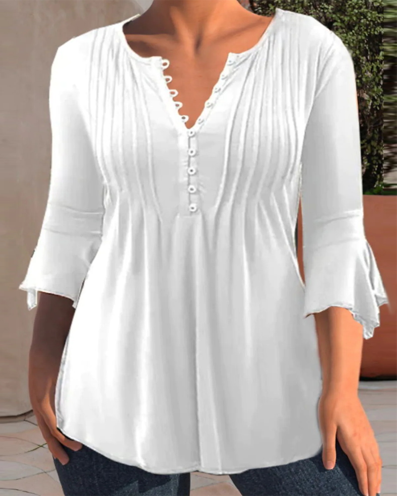 

Plus Size Button Front Bell Sleeve Top, White