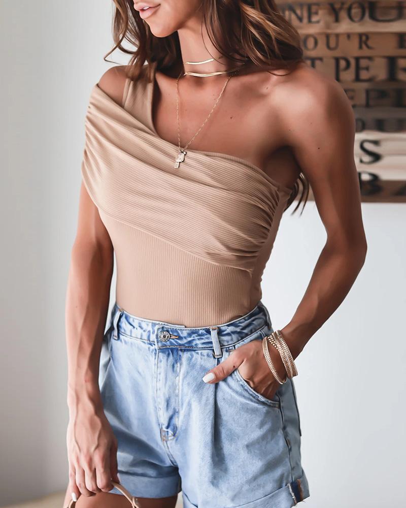 

One Shoulder Ruched Skinny Bodysuit, Apricot