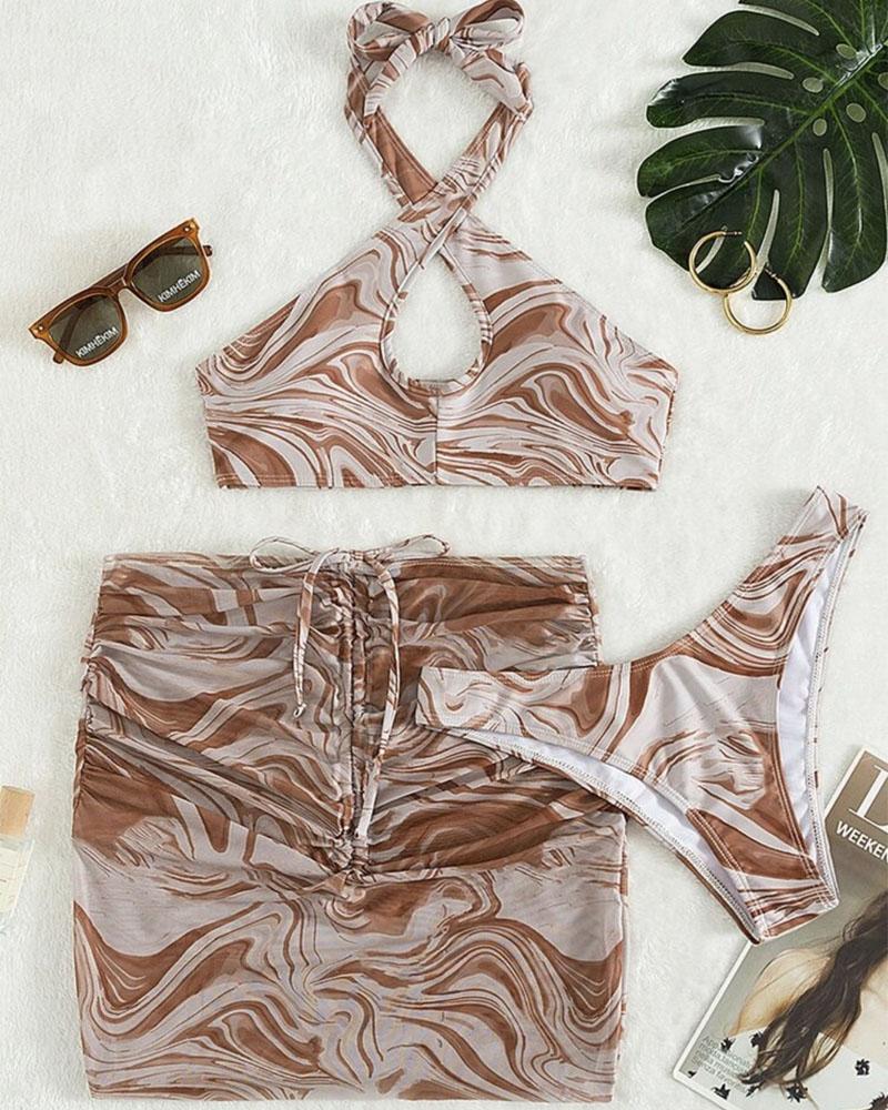 

3PCS Marble Print Halter Bikini Set With Drawstring Cover Up, Coffee