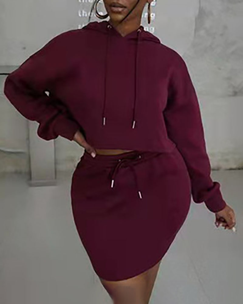 

Long Sleeve Hooded Sweatshirt & Drawstring Skirt Set, Wine red