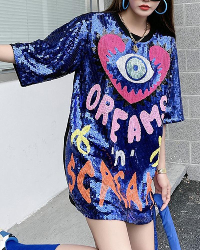 

Figure Letter Pattern Allover Sequin T-Shirt, Blue
