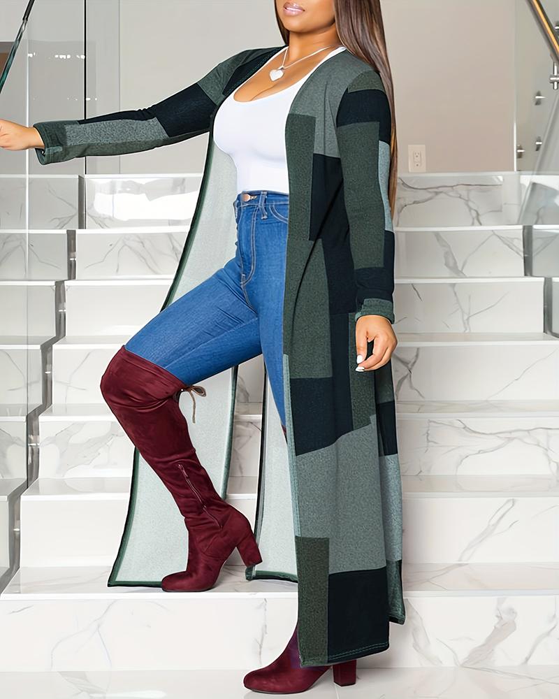 

Colorblock Long Sleeve Casual Longline Cardigan, Green