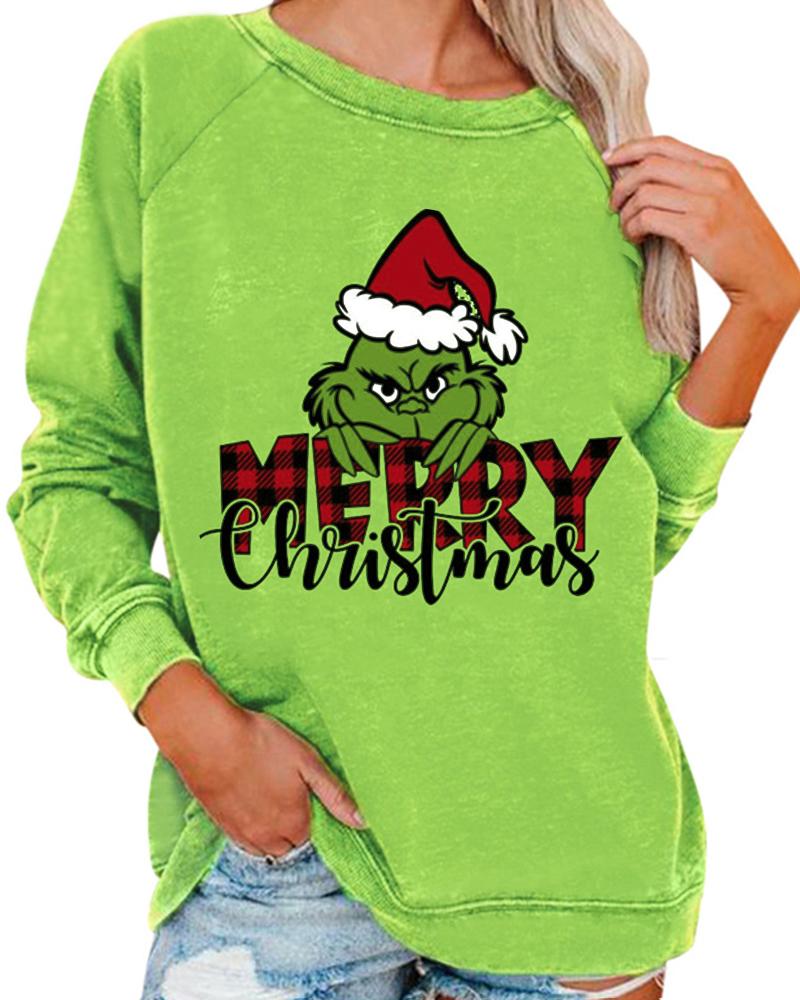

Christmas Graphic Print Long Sleeve Sweatshirt, Green