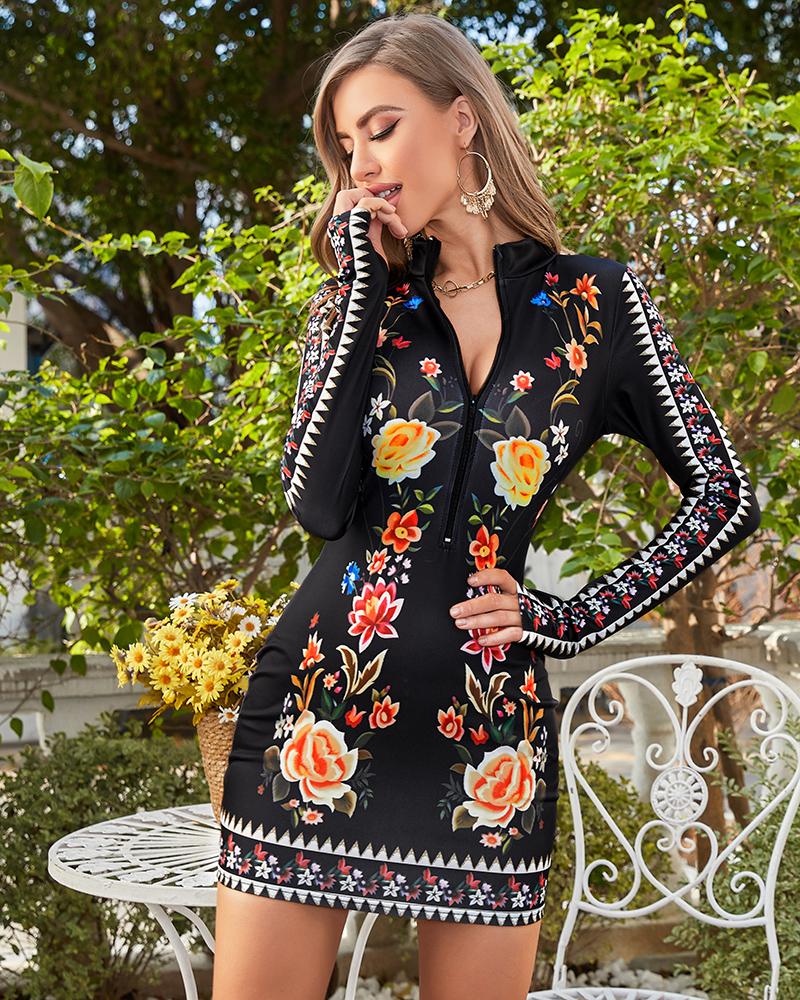

Floral Print Zip Front Long Sleeve Bodycon Dress, Black