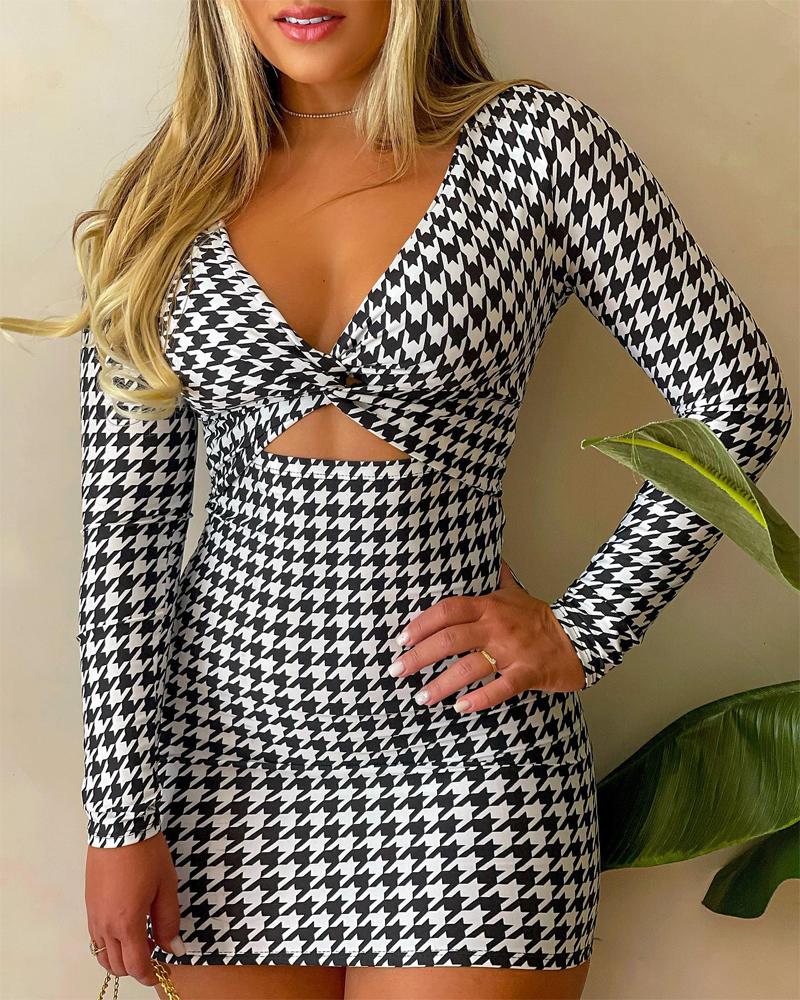 

Houndstooth Print Twist Cutout Bodycon Dress, Blackwhite