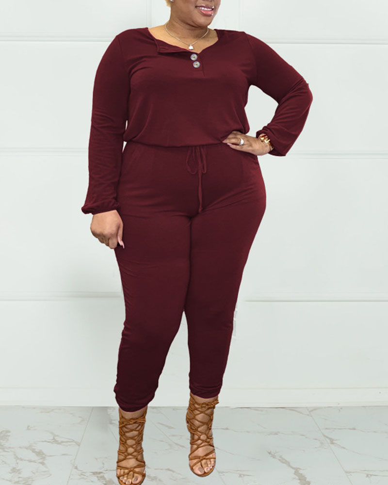 

Plus Size Button Front Long Sleeve Jumpsuit, Wine red
