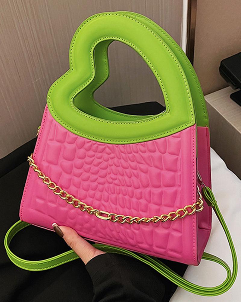 

Heart Shaped Handle Chain Decor Magnet Handbag, Hot pink