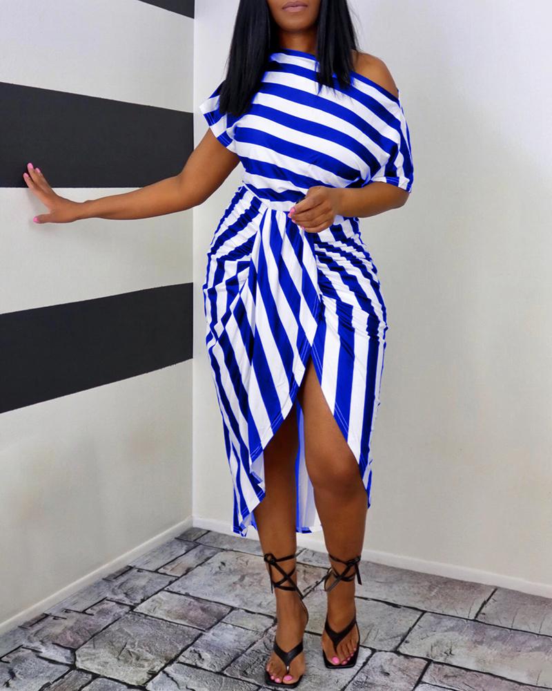 

Plus Size Cold Shoulder Striped Print Ruched Casual Dress, Blue
